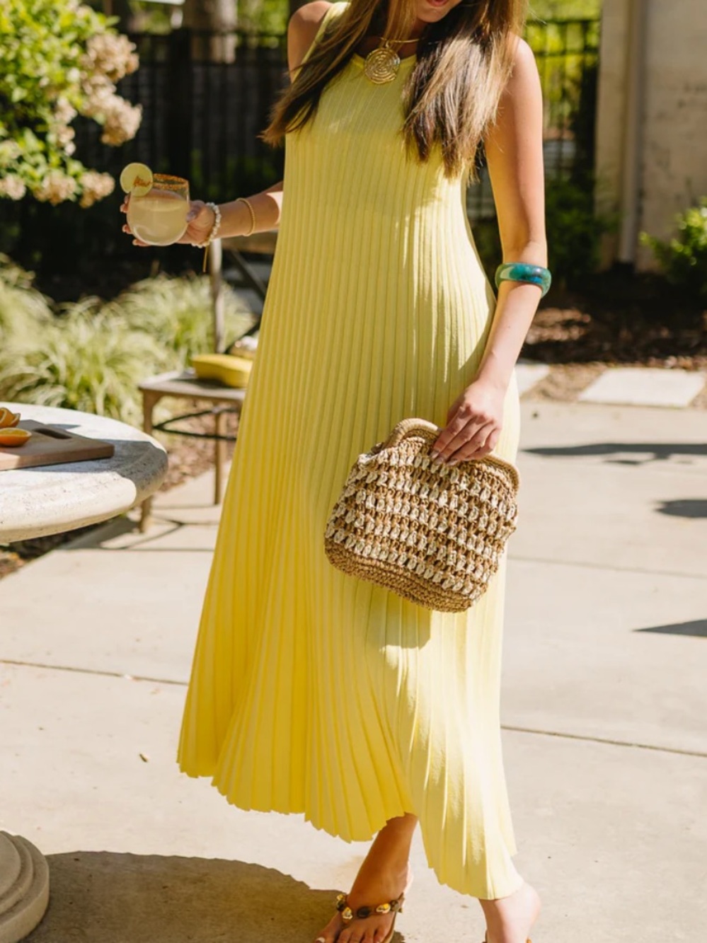 vestique Yellow Pleated Maxi Dress